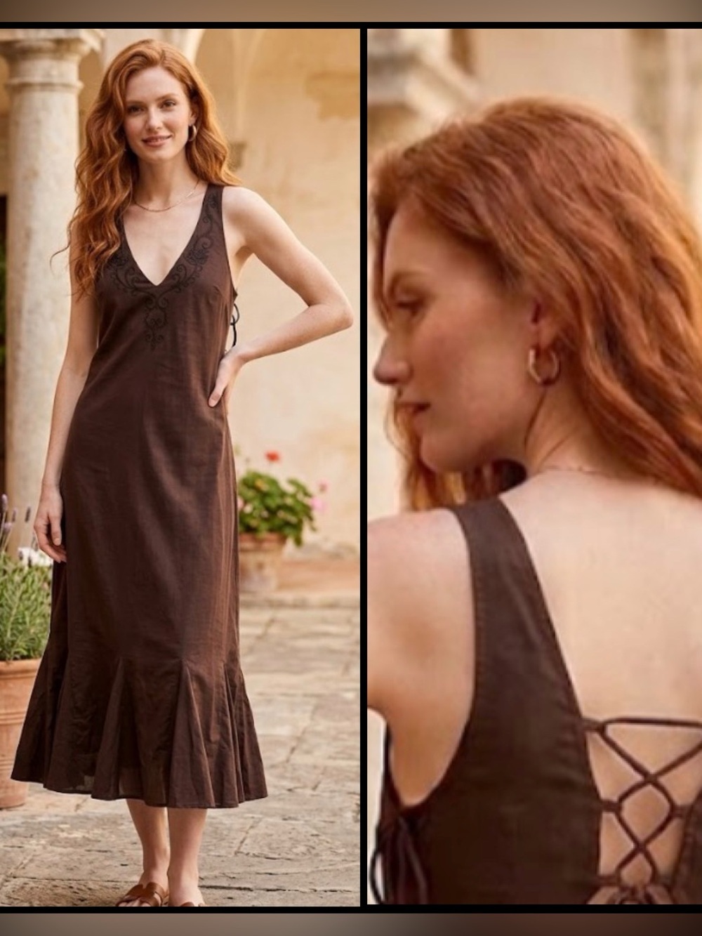 Vintage 90s Exclamation Chocolate Brown Embroidered Flounced Fairy Midi Dress XL